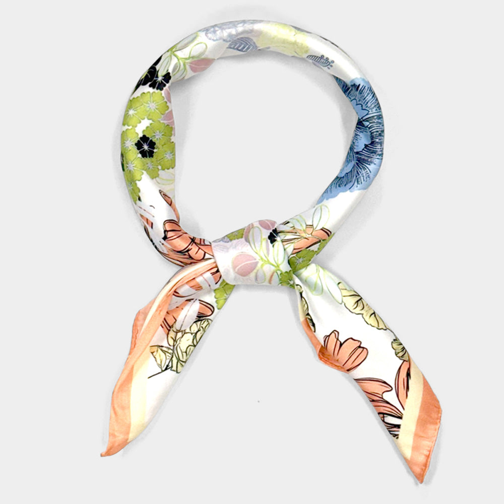 Madeline Love Coral Earthy Floral Garden Printed Square Silky Satin Scarf - Scarves & Wraps