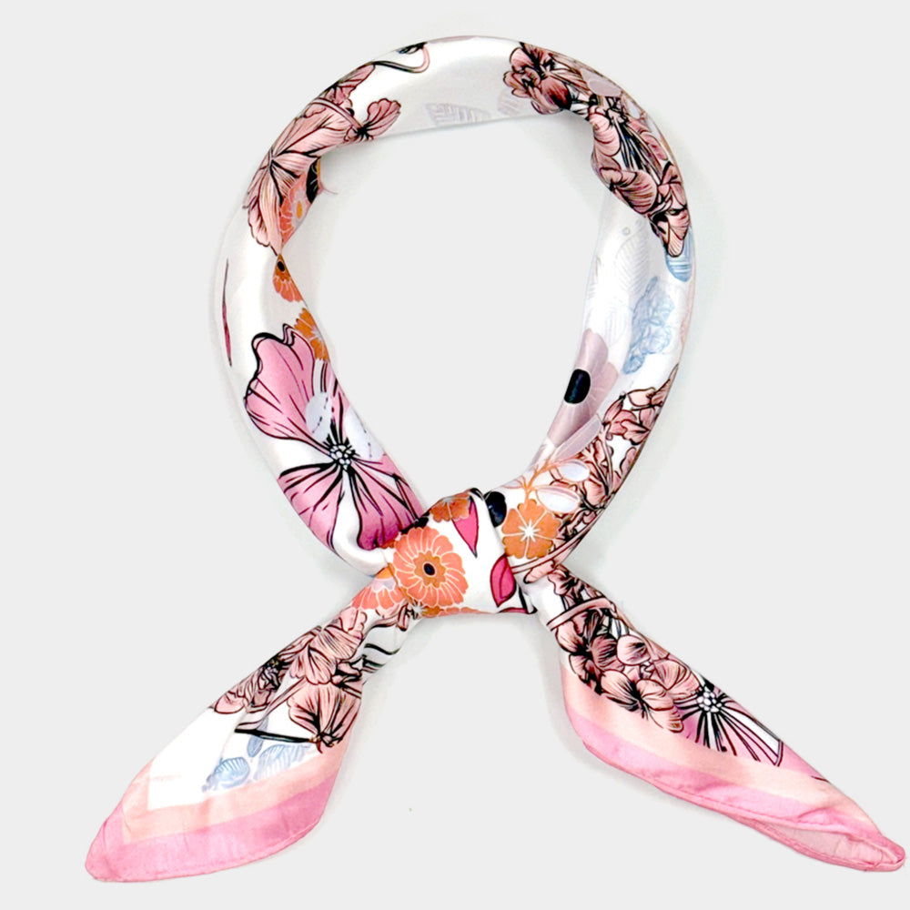 Madeline Love Pink Earthy Floral Garden Printed Square Silky Satin Scarf - Scarves & Wraps