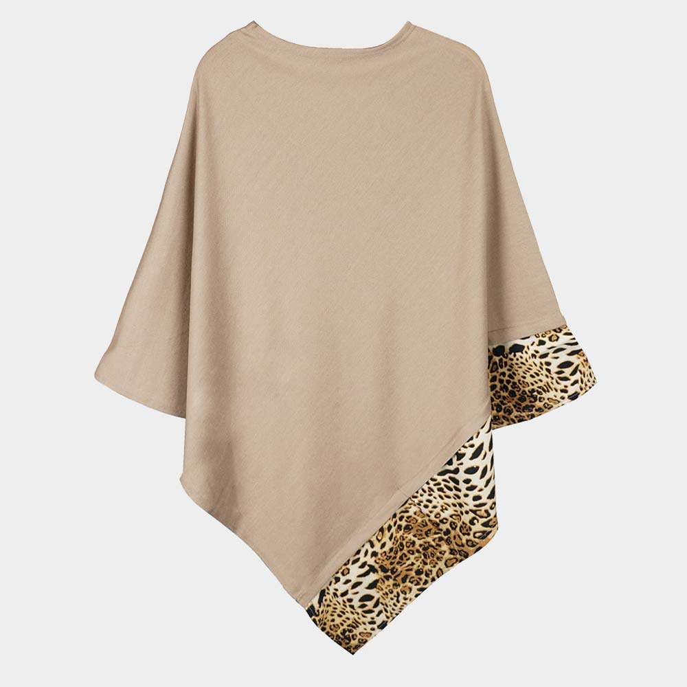Taupe Leopard Trim Solid Poncho 