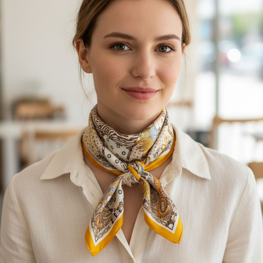 Madeline Love Mustard Abstract Tropical Palm Tree Leopard Pattern Printed Square Silky Satin Bandana Scarf - Scarves & Wraps