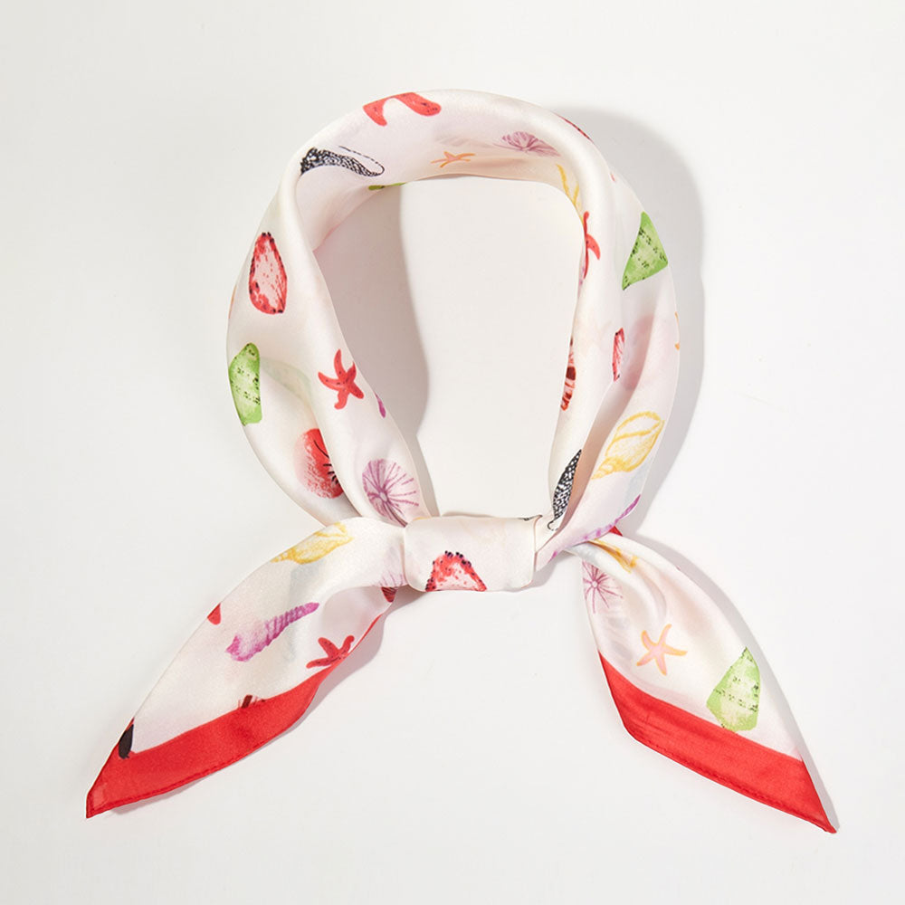 Madeline Love Red Coastal Watercolor Seashell Starfish Pattern Printed Square Silky Satin Bandana Scarf - Scarves & Wraps