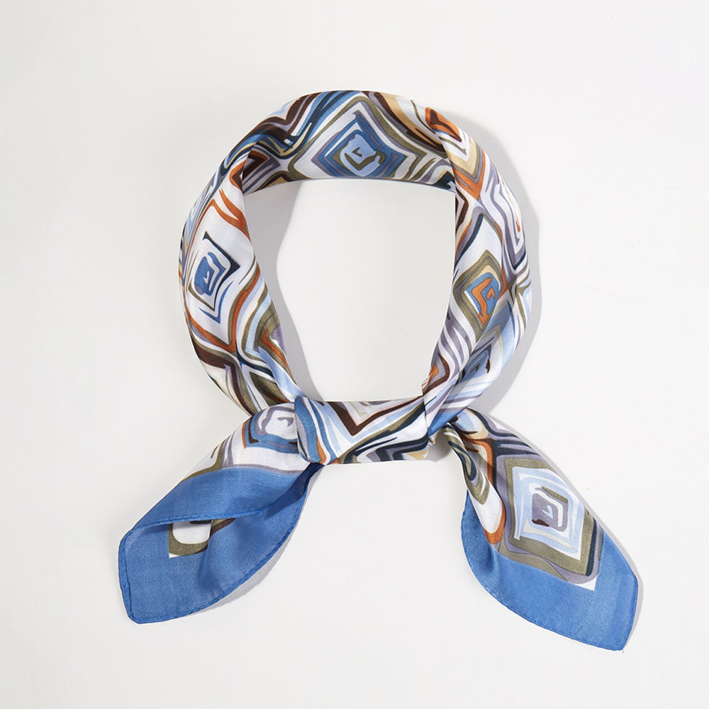 Madeline Love Blue Geometric Pattern Printed Square Silky Satin Bandana Scarf - Scarves & Wraps