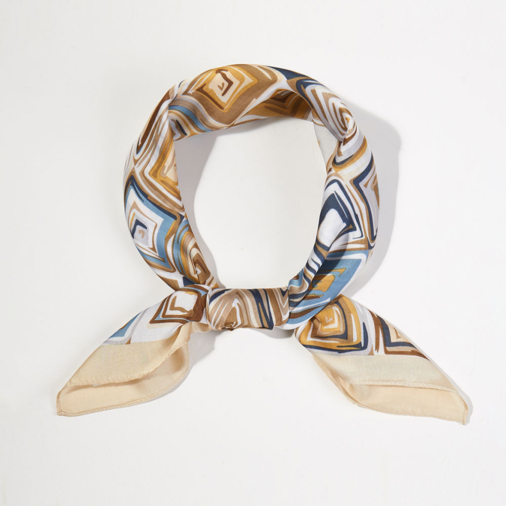 Madeline Love Taupe Geometric Pattern Printed Square Silky Satin Bandana Scarf - Scarves & Wraps