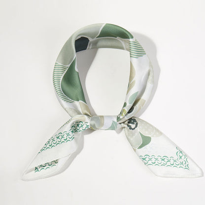 Madeline Love Olive Green Illustrated Flower Pattern Printed Square Silky Satin Bandana Scarf - Scarves & Wraps