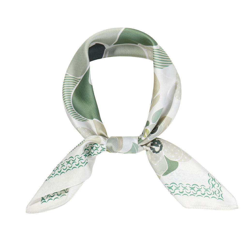 Madeline Love Olive Green Illustrated Flower Pattern Printed Square Silky Satin Bandana Scarf - Scarves & Wraps - desc