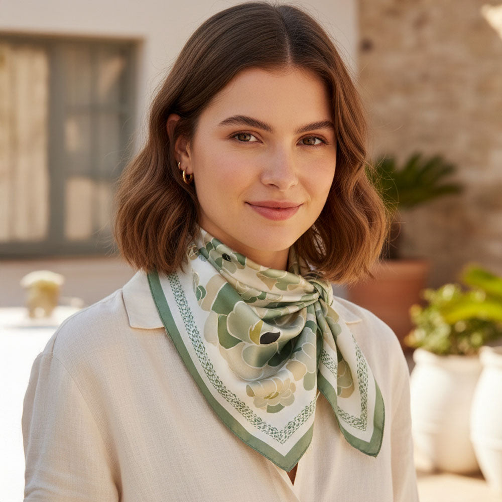 Madeline Love Olive Green Illustrated Flower Pattern Printed Square Silky Satin Bandana Scarf - Scarves & Wraps - extra