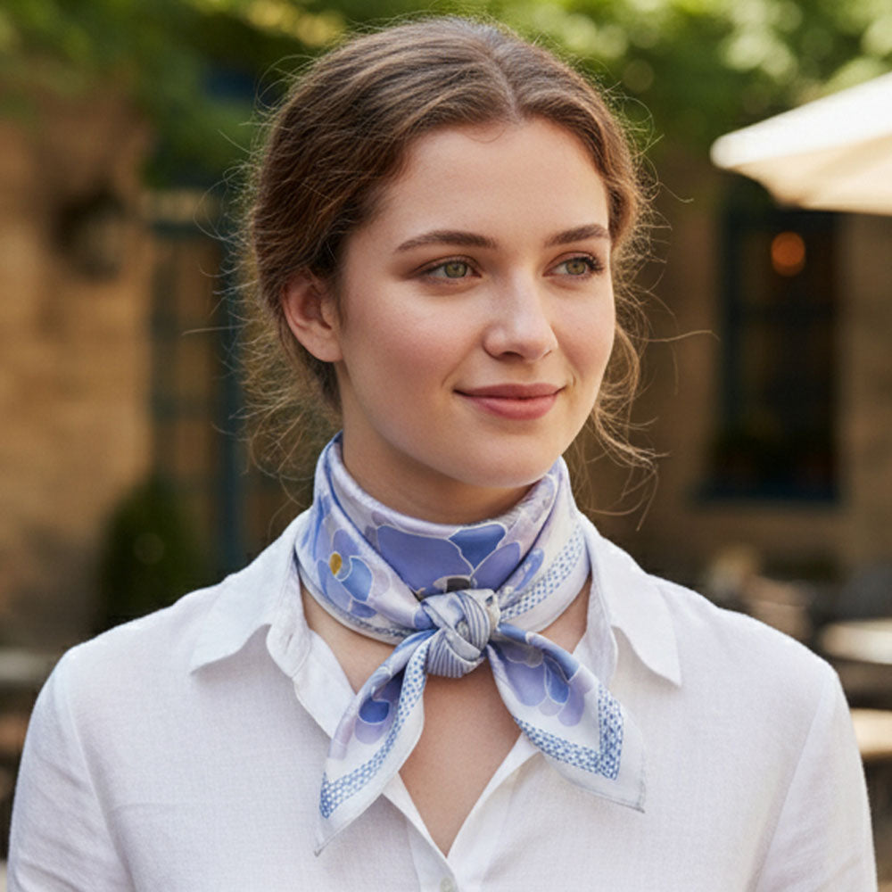 Madeline Love Purple Illustrated Flower Pattern Printed Square Silky Satin Bandana Scarf - Scarves & Wraps