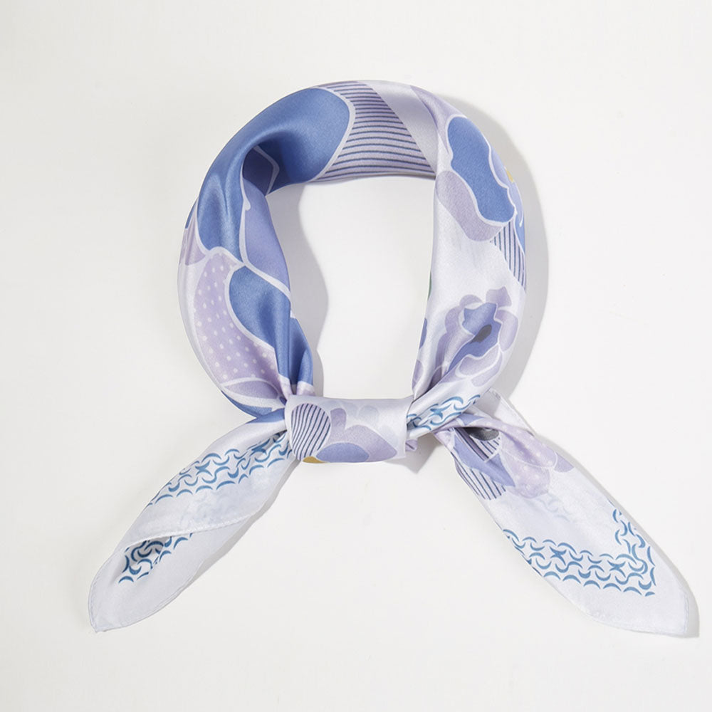 Madeline Love Purple Illustrated Flower Pattern Printed Square Silky Satin Bandana Scarf - Scarves & Wraps - desc