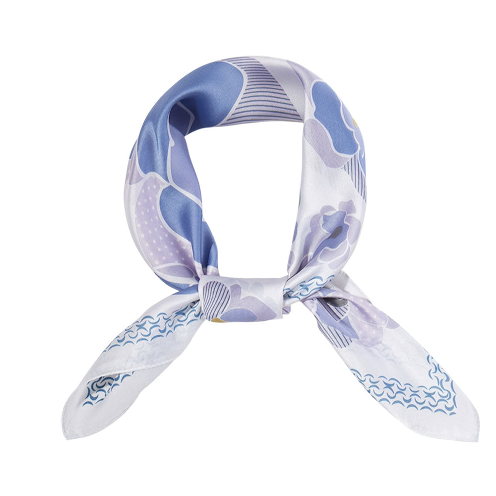 Madeline Love Purple Illustrated Flower Pattern Printed Square Silky Satin Bandana Scarf - Scarves & Wraps - extra