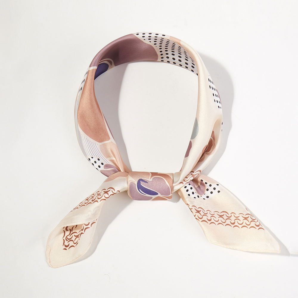 Madeline Love Taupe Illustrated Flower Pattern Printed Square Silky Satin Bandana Scarf - Scarves & Wraps