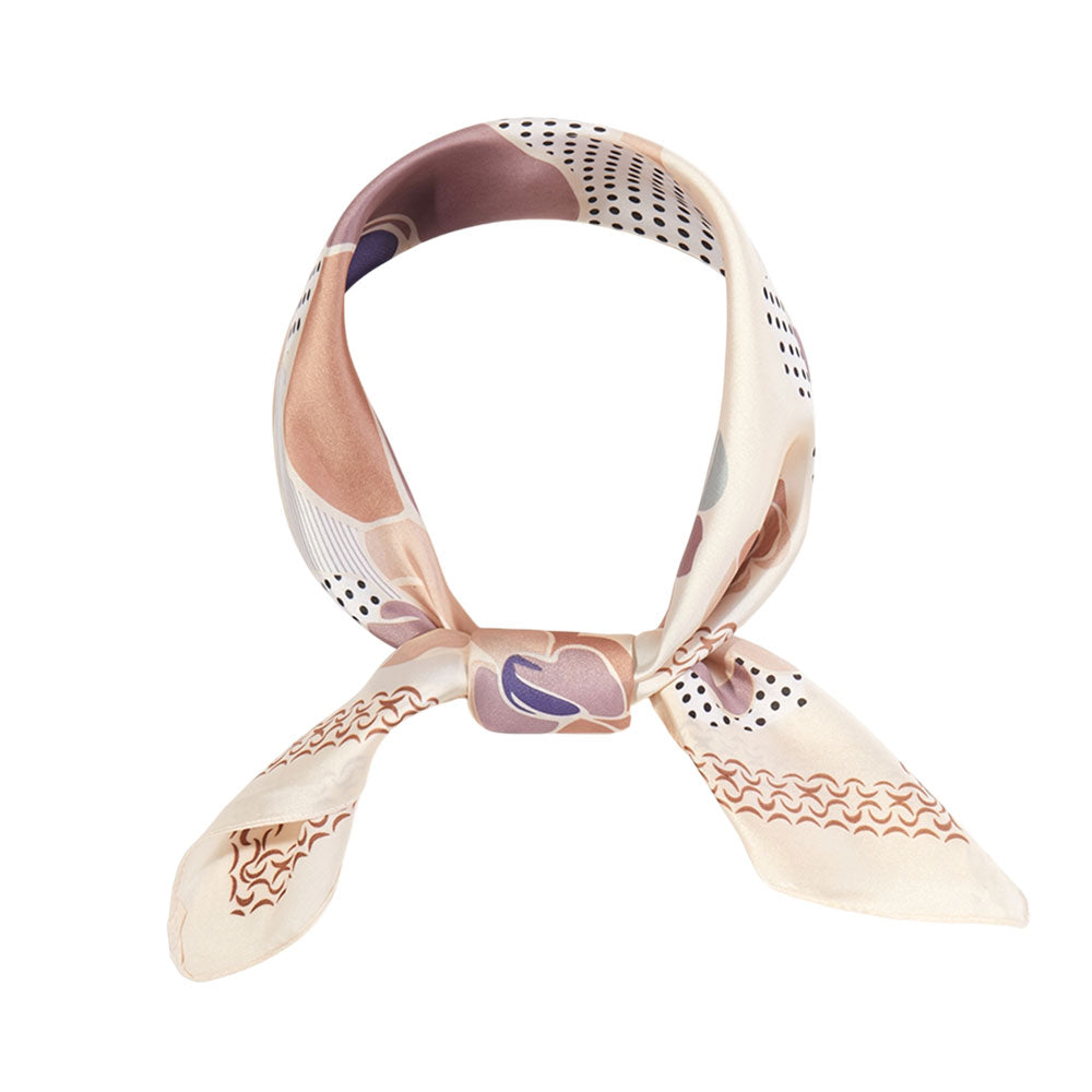 Madeline Love Taupe Illustrated Flower Pattern Printed Square Silky Satin Bandana Scarf - Scarves & Wraps - desc