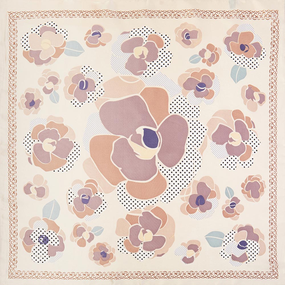 Madeline Love Taupe Illustrated Flower Pattern Printed Square Silky Satin Bandana Scarf - Scarves & Wraps - extra