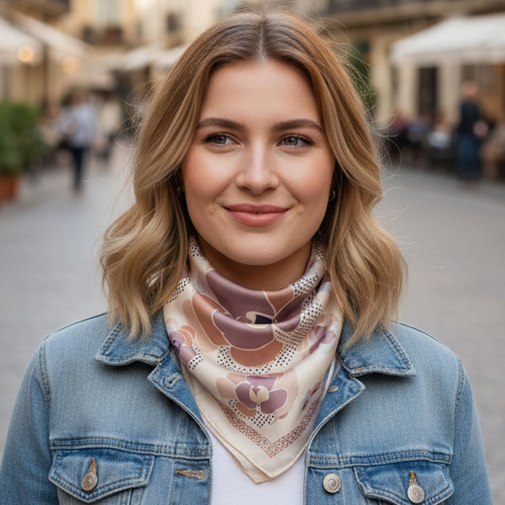 Madeline Love Taupe Illustrated Flower Pattern Printed Square Silky Satin Bandana Scarf - Scarves & Wraps - extra