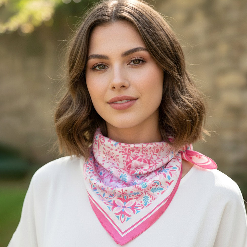Madeline Love Pink Garden Tile Mosaic Print Square Bandana Scarf - Scarves & Wraps