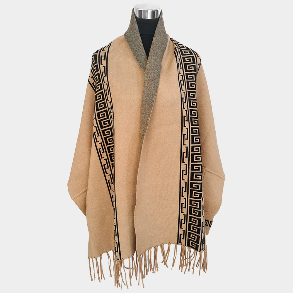 Black, Brown Greek Geometric Patterned Poncho with Fringe