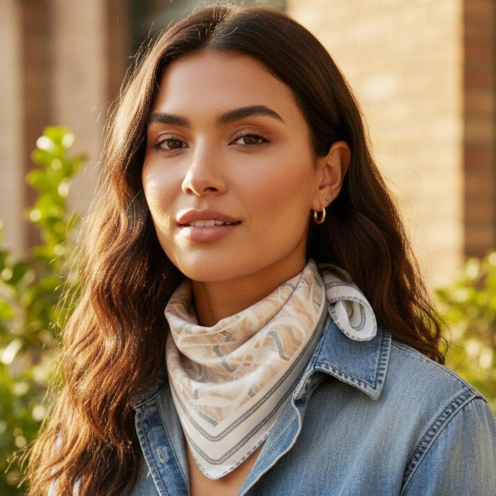 Madeline Love Beige Abstract Tribal Print Square Bandana Scarf - Scarves & Wraps