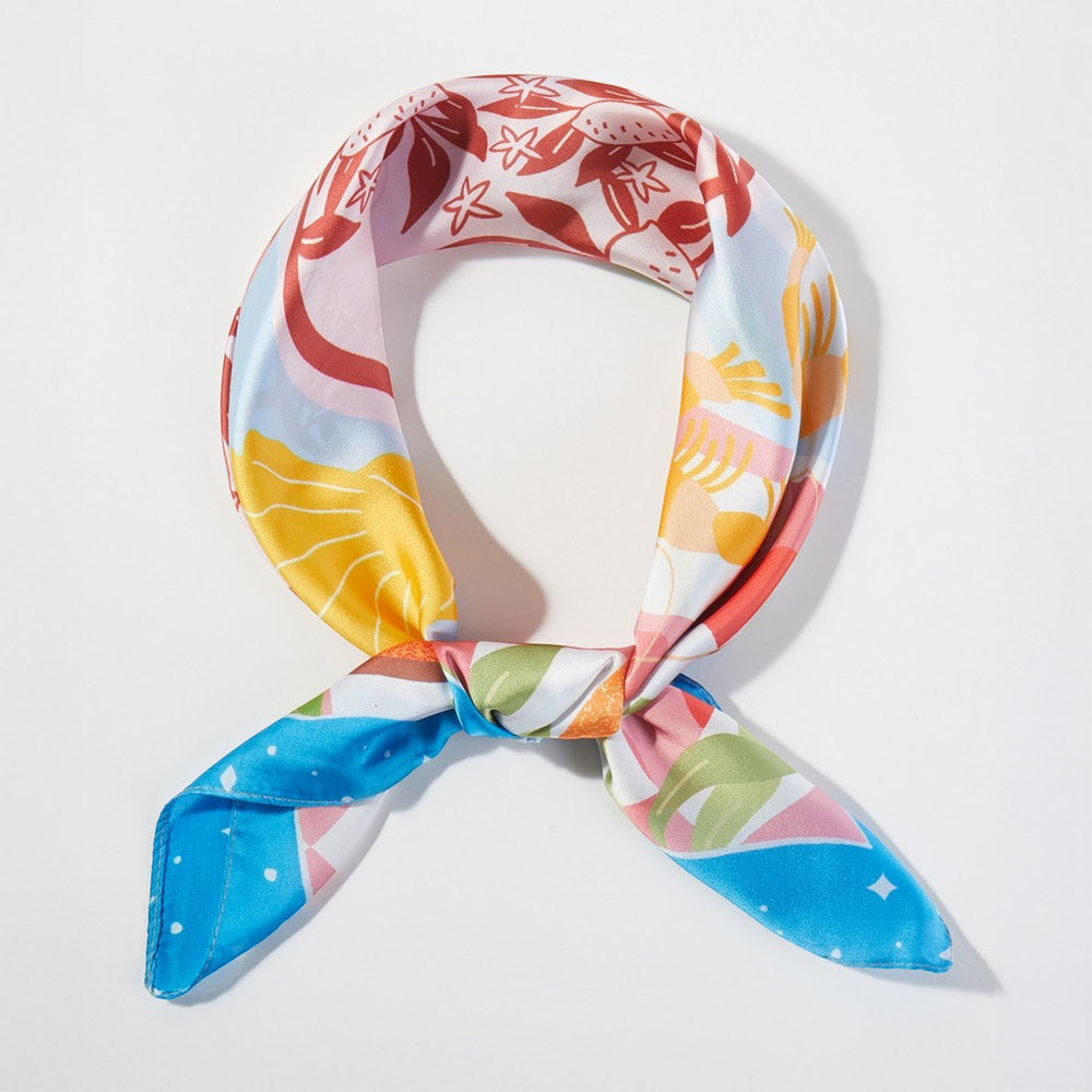 Madeline Love Blue Seaside Feast Print Square Bandana Scarf - Scarves & Wraps - desc
