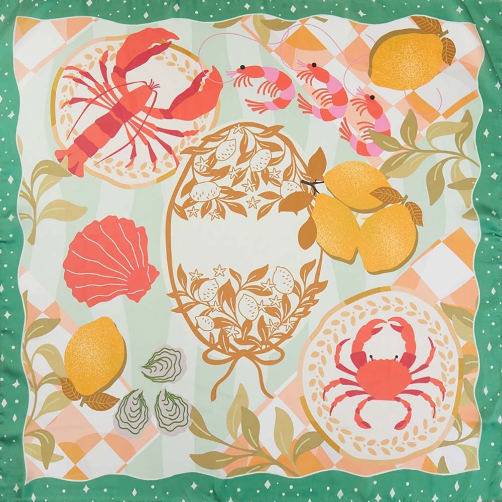 Madeline Love Green Seaside Feast Print Square Bandana Scarf - Scarves & Wraps - extra