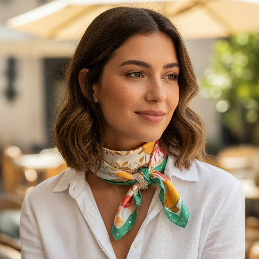 Madeline Love Green Seaside Feast Print Square Bandana Scarf - Scarves & Wraps - extra