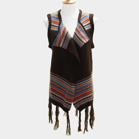 Blue, Brown, Orange Tribal Fringe Acrylic Poncho