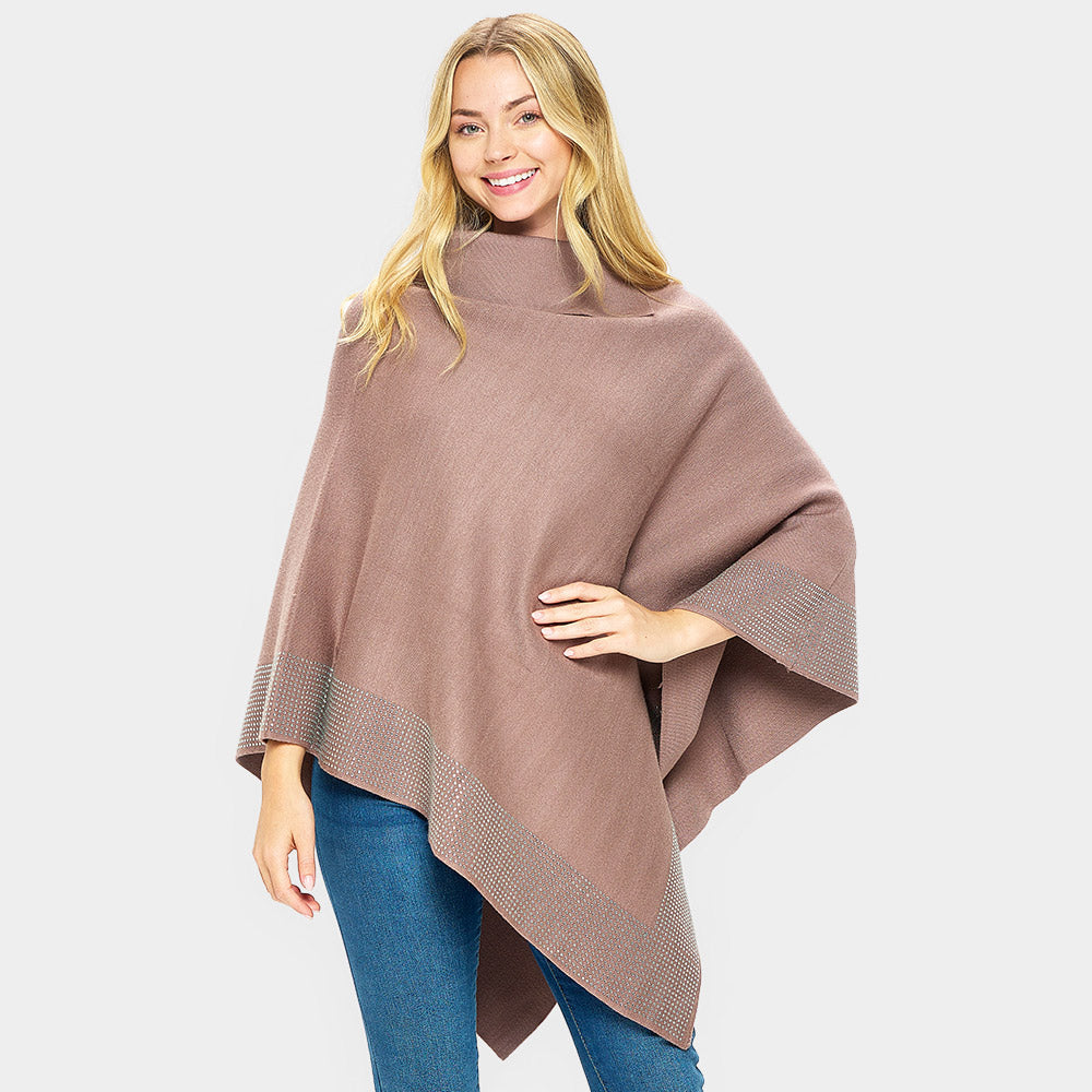 Khaki Bling Border Solid Neck Poncho