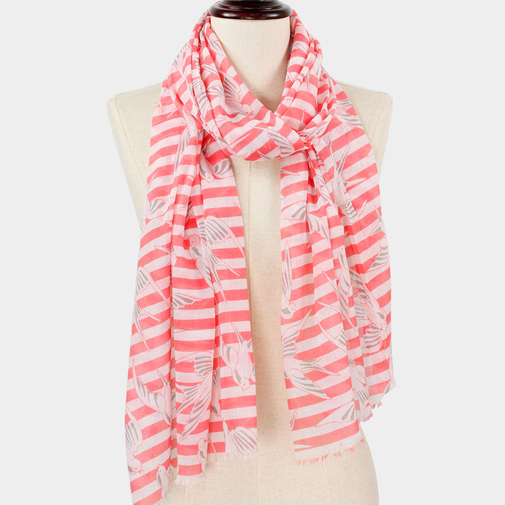 Madeline Love Coral Bird Stripe Print Scarf - Jewelry
