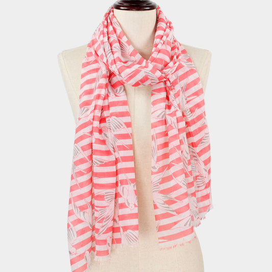 Madeline Love Coral Bird Stripe Print Scarf - Jewelry