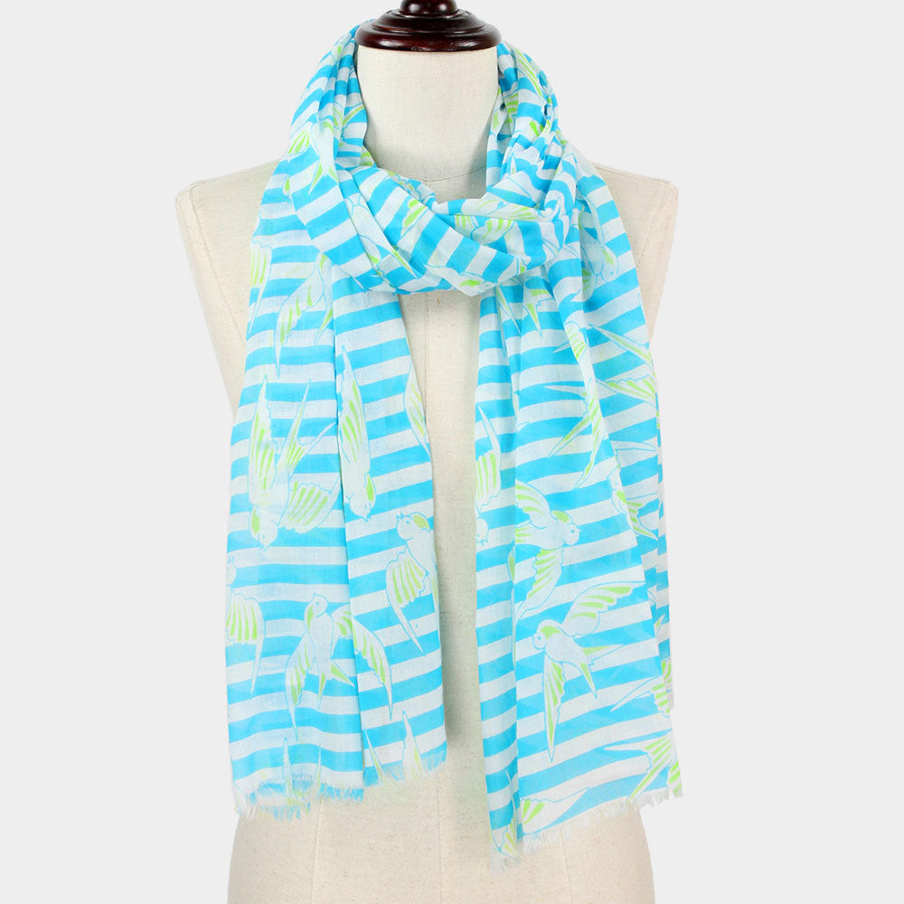 Madeline Love Turquoise Bird Stripe Print Scarf - Jewelry