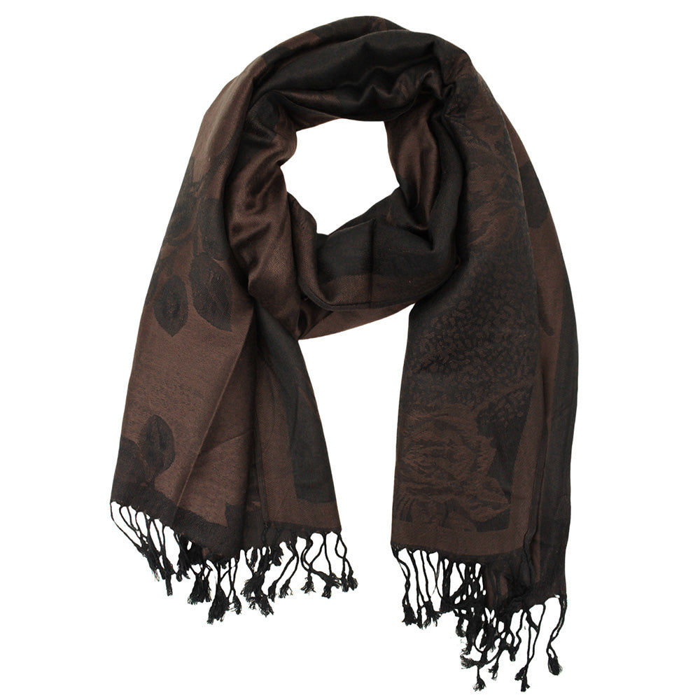 Madeline Love Dark Brown Rose Floral Pashmina Reversible Scarf Shawl - Scarves & Wraps - extra