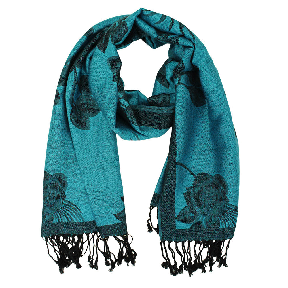 Madeline Love Turquoise Rose Floral Pashmina Reversible Scarf Shawl - Scarves & Wraps - extra