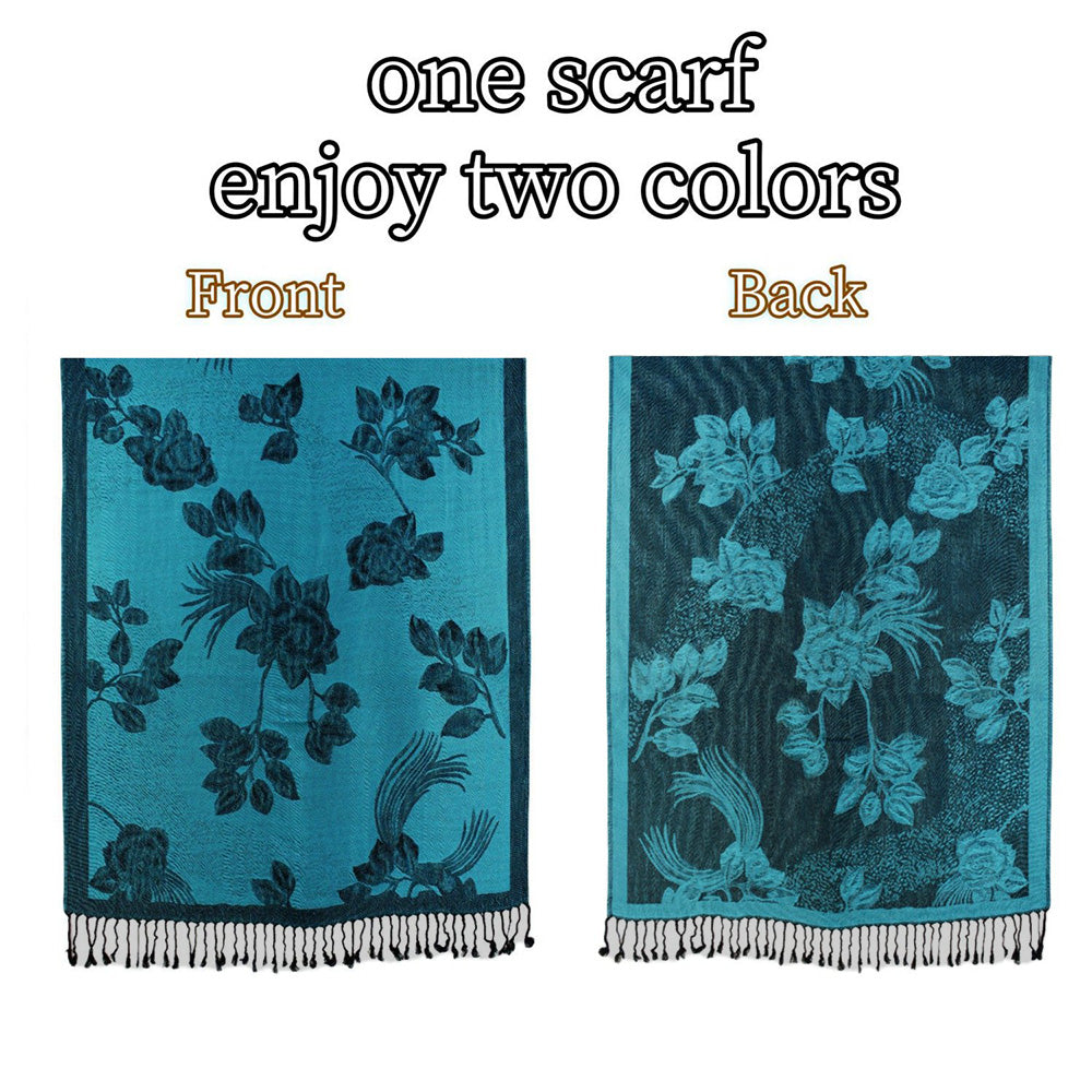 Madeline Love Turquoise Rose Floral Pashmina Reversible Scarf Shawl - Scarves & Wraps - extra