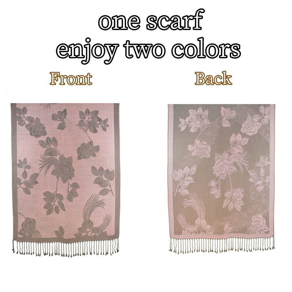 Madeline Love Gray, Pink Rose Floral Pashmina Reversible Scarf Shawl - Scarves & Wraps - extra