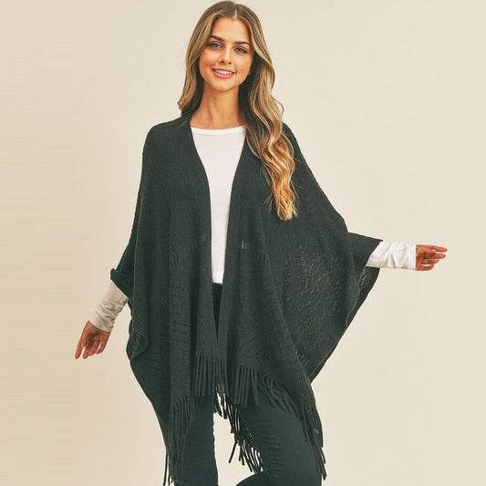 Black Herringbone Knit Fringe Ruana Poncho