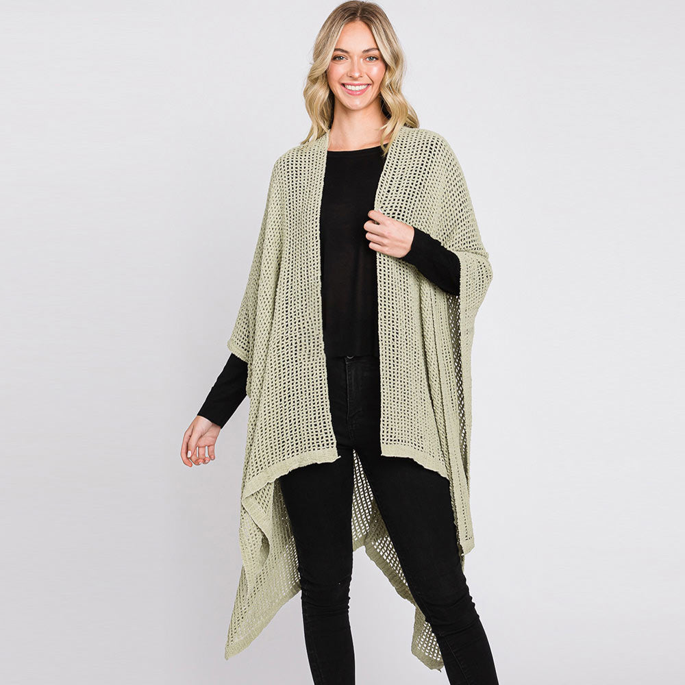 Olive Green Solid Chenille Crochet Ruana Poncho
