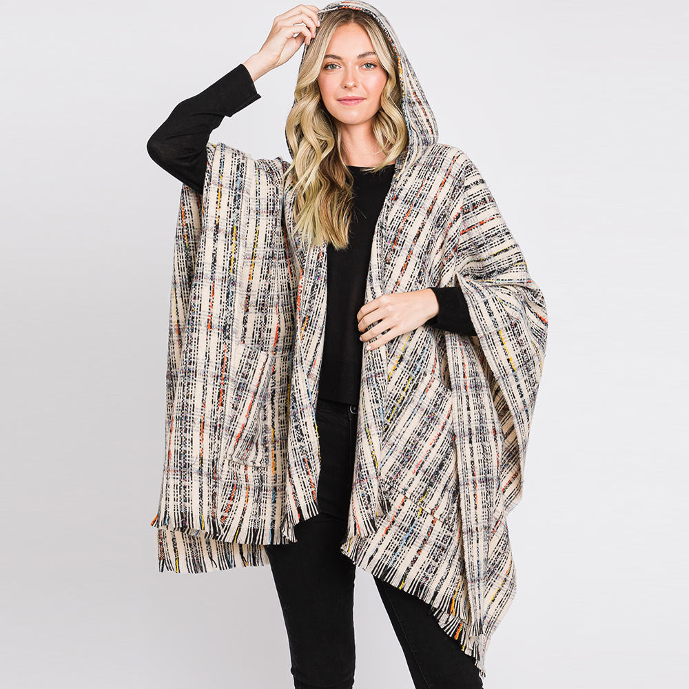 Ivory Hooded Plaid Check Patterned Front Pockets Fringe Ruana Poncho