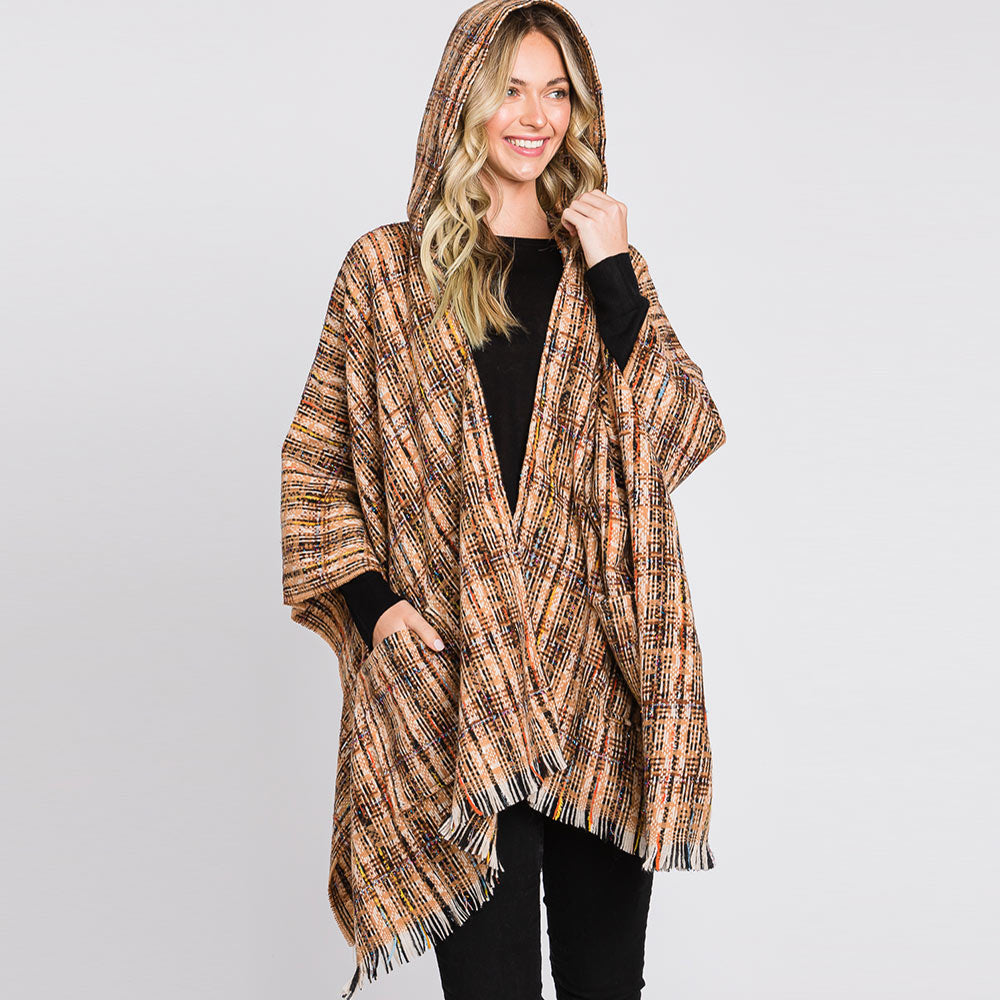 Taupe Hooded Plaid Check Patterned Front Pockets Fringe Ruana Poncho