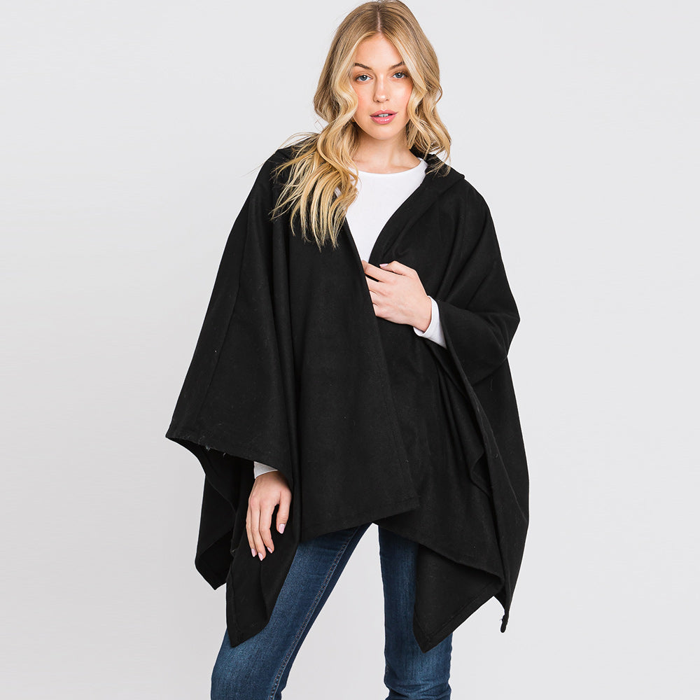 Black Hooded Solid Ruana Poncho