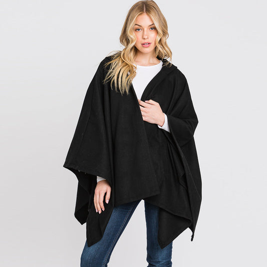 Black Hooded Solid Ruana Poncho