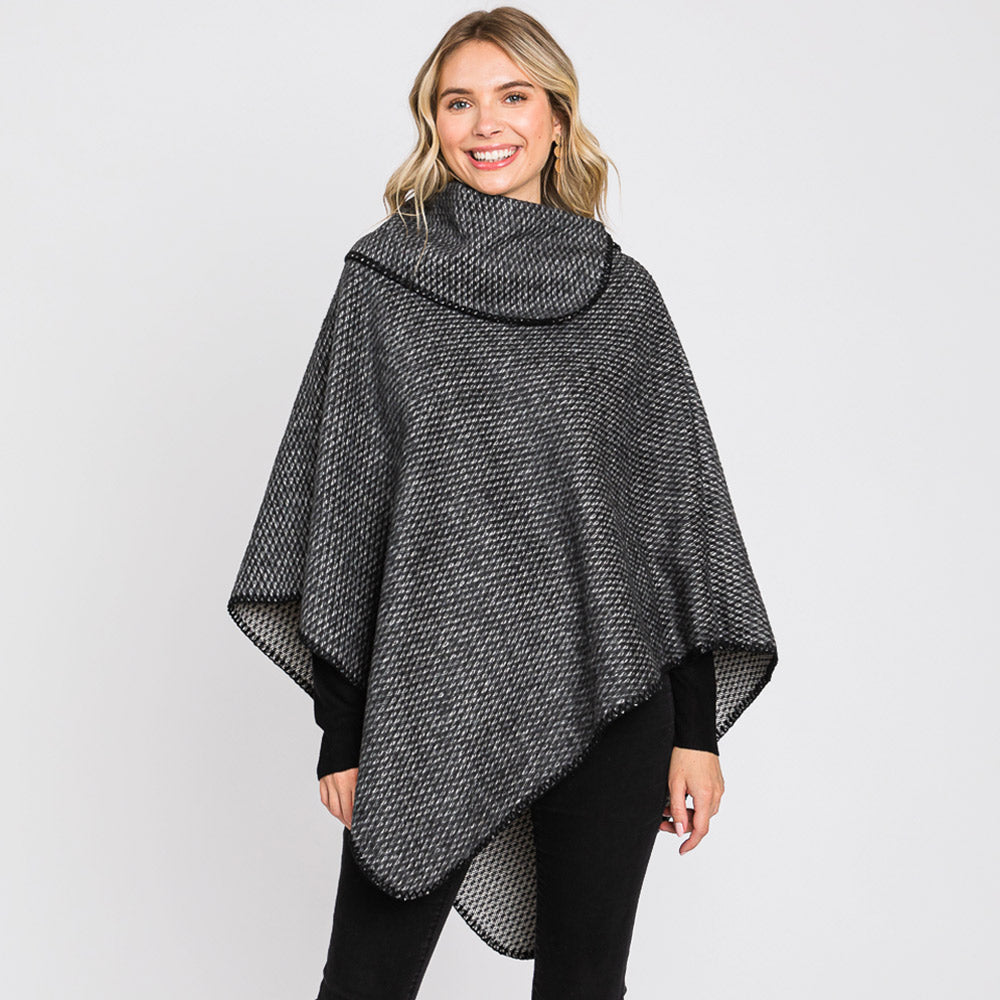 Black Textured Solid Neck Poncho