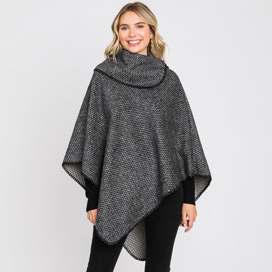 Black Textured Solid Neck Poncho