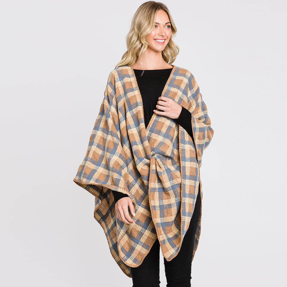 Brown Plaid Check Patterned Ruana Poncho