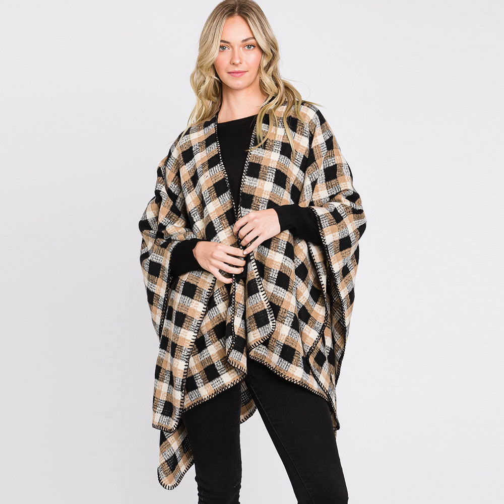 Taupe Plaid Check Patterned Ruana Poncho