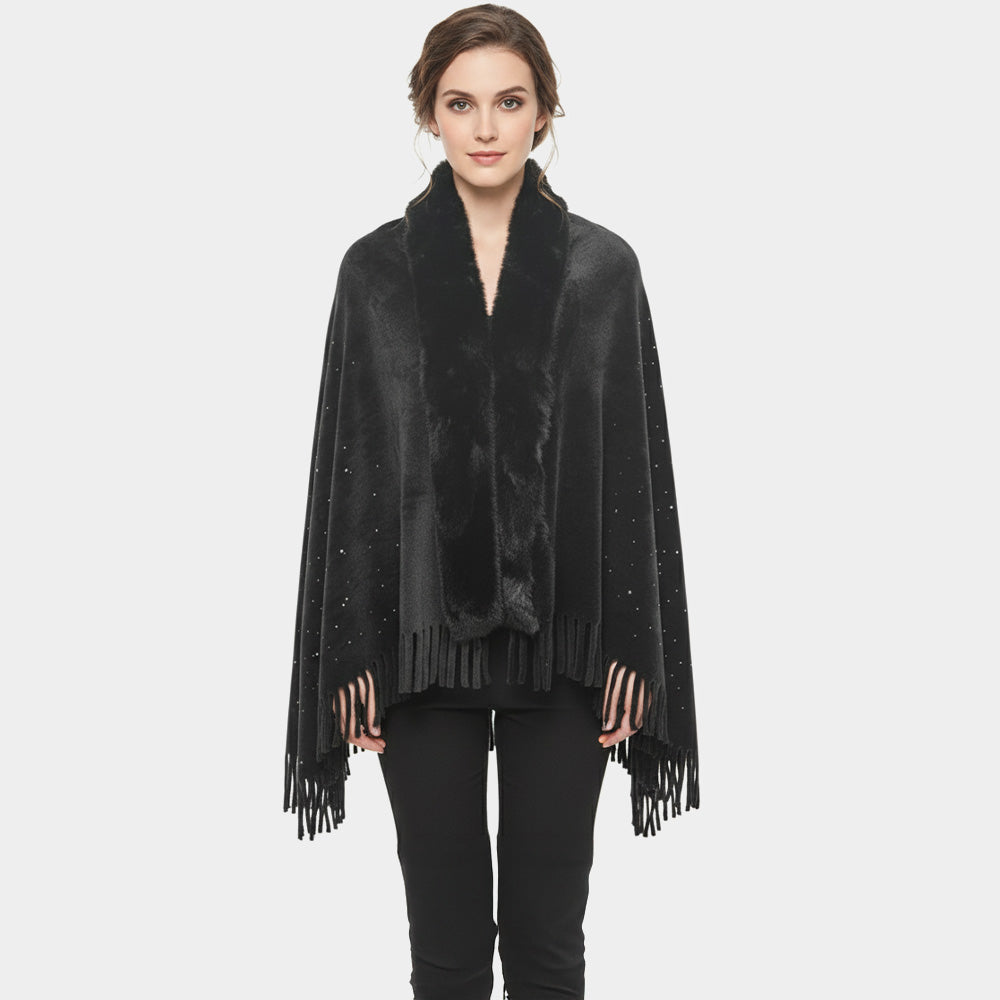 Madeline Love Black Rhinestone Embellished Fringe Faux Fur Poncho Wrap - Jewelry