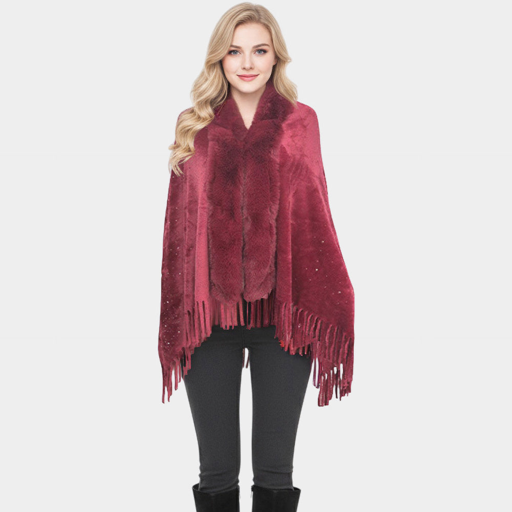Madeline Love Burgundy Rhinestone Embellished Fringe Faux Fur Poncho Wrap - Jewelry