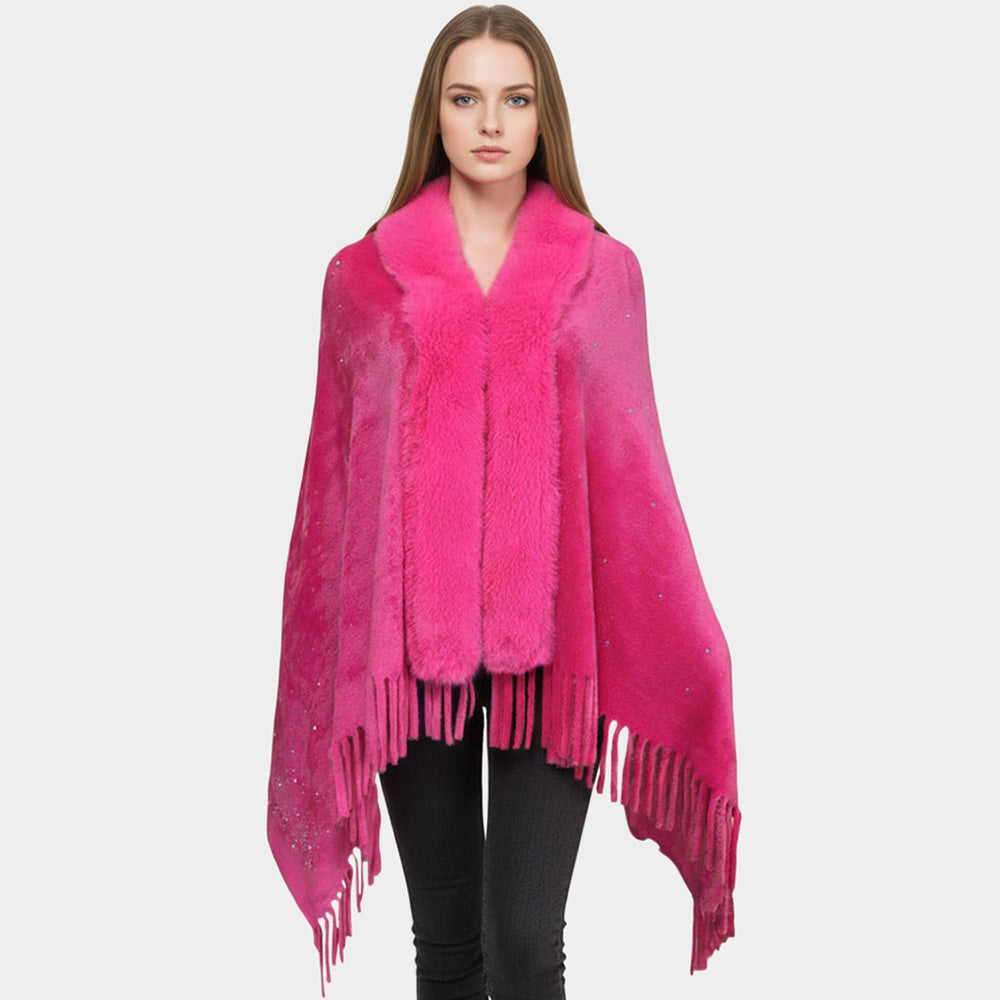 Madeline Love Fuchsia Rhinestone Embellished Fringe Faux Fur Poncho Wrap - Jewelry