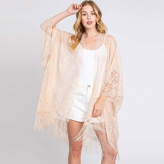 Madeline Love Beige Floral Lace Kimono With Tassel Poncho - Apparel