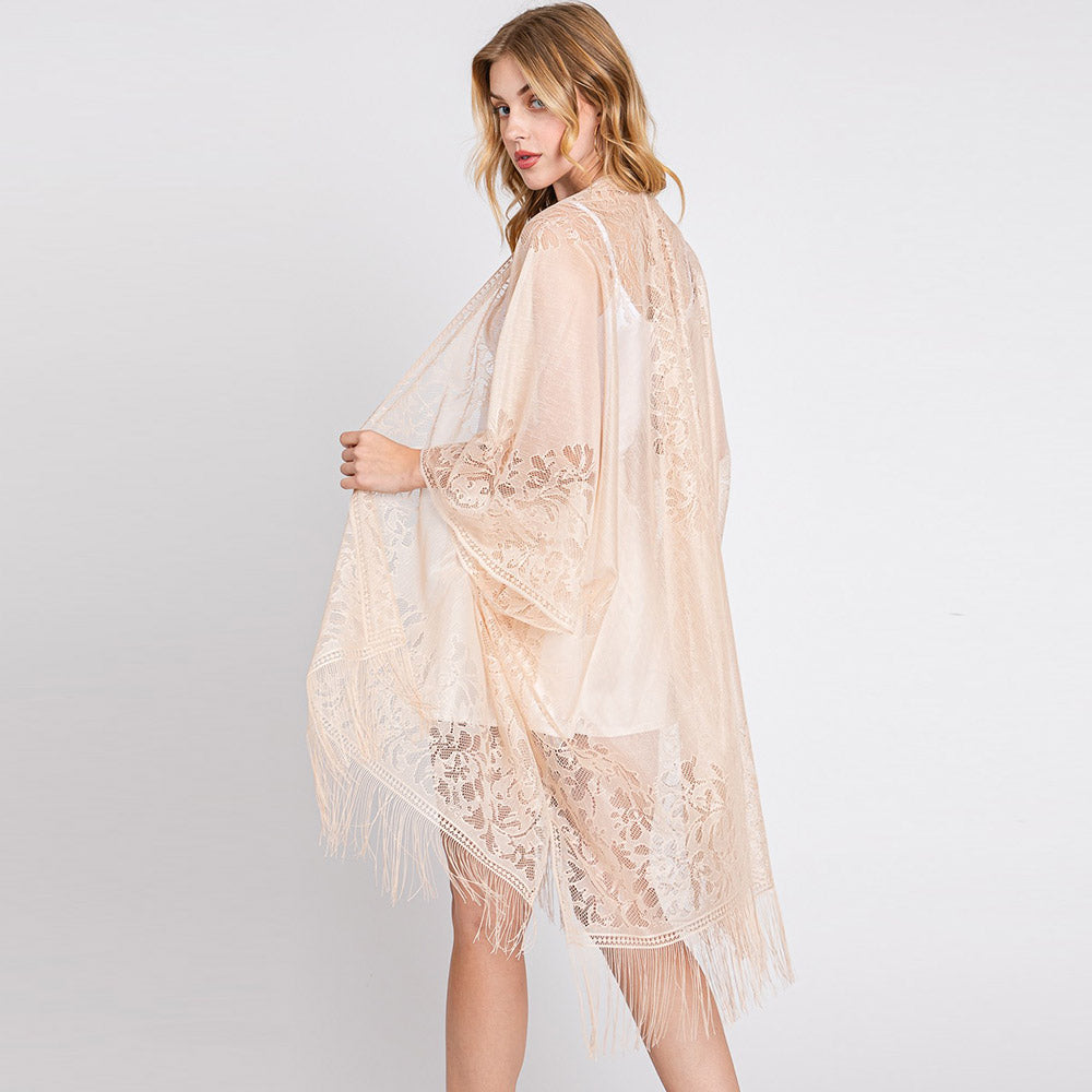 Madeline Love Beige Floral Lace Kimono With Tassel Poncho - Apparel - extra