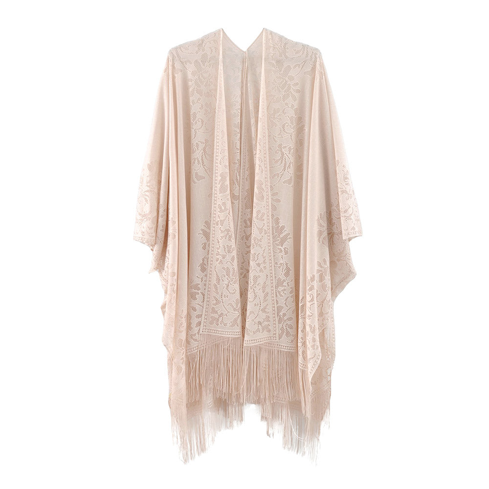 Madeline Love Beige Floral Lace Kimono With Tassel Poncho - Apparel - extra