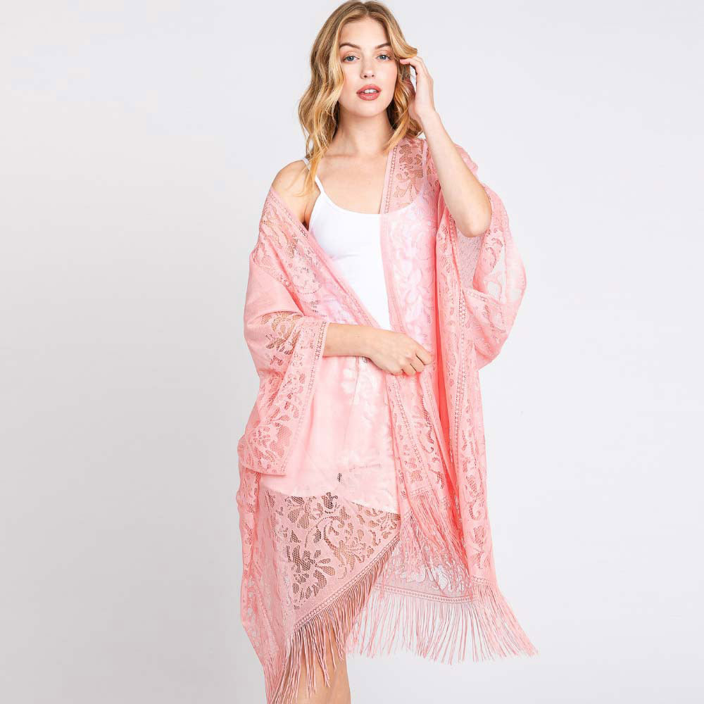 Madeline Love Pink Floral Lace Kimono With Tassel Poncho - Apparel
