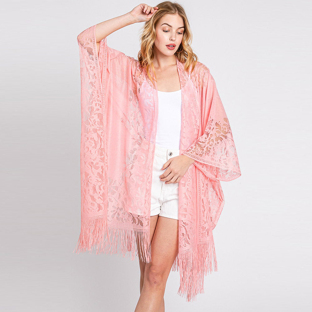 Madeline Love Pink Floral Lace Kimono With Tassel Poncho - Apparel - desc